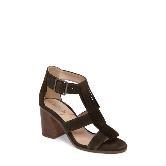 SOLE SOCIETY Delilah Fringe Heeled Sandal Green Suede Ankle Strap Women's 6 - Picture 2 of 9